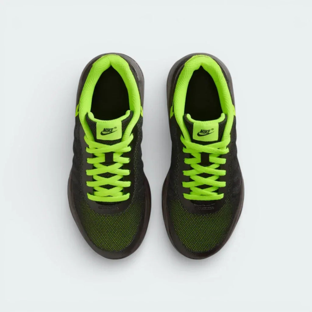 Top-down view of the trainers, highlighting the sleek black lacing system and the breathable mesh texture of the toe box.