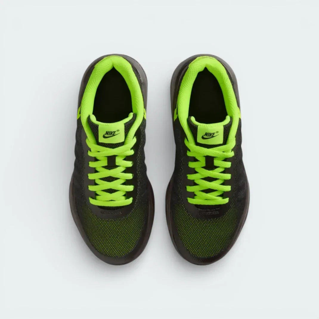 Top-down view of the trainers, highlighting the sleek black lacing system and the breathable mesh texture of the toe box.