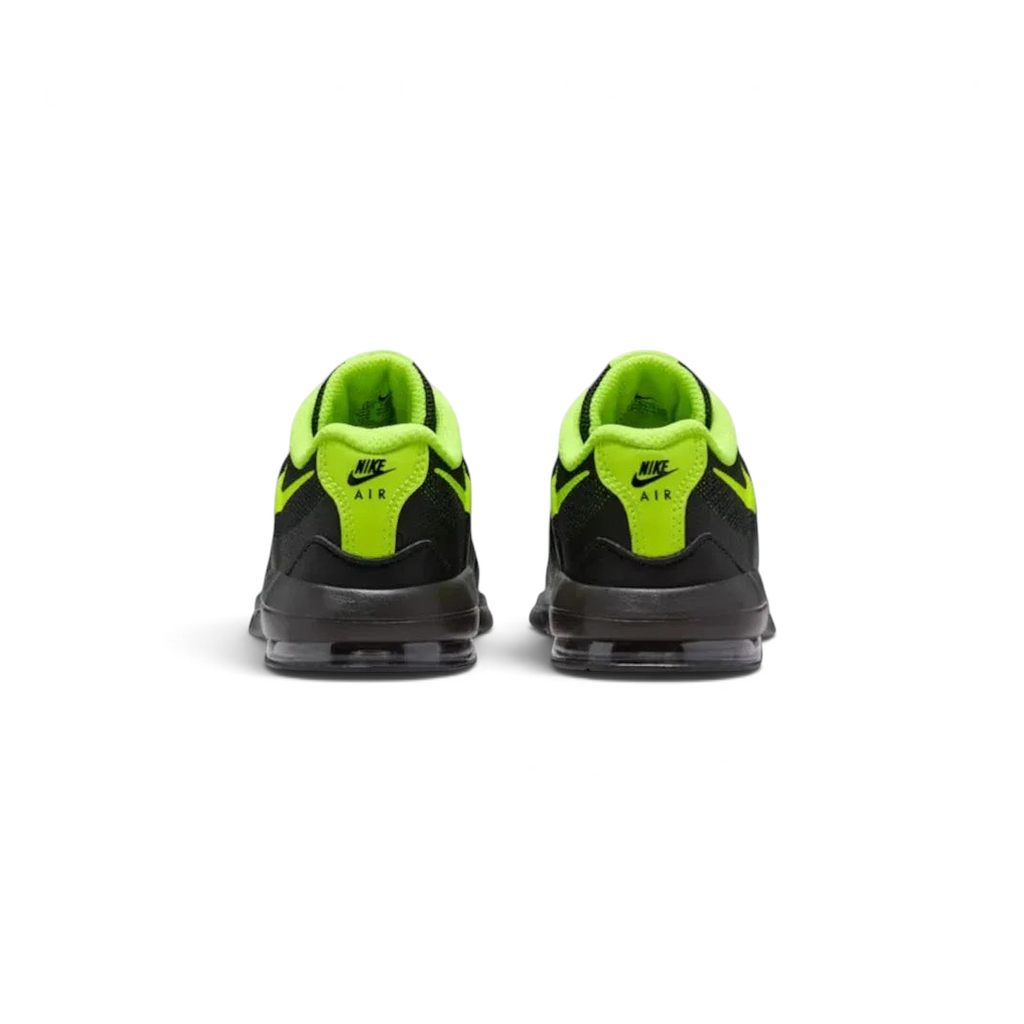Rear view focusing on the heel support and the neon yellow accents within the Max Air cushioning window.