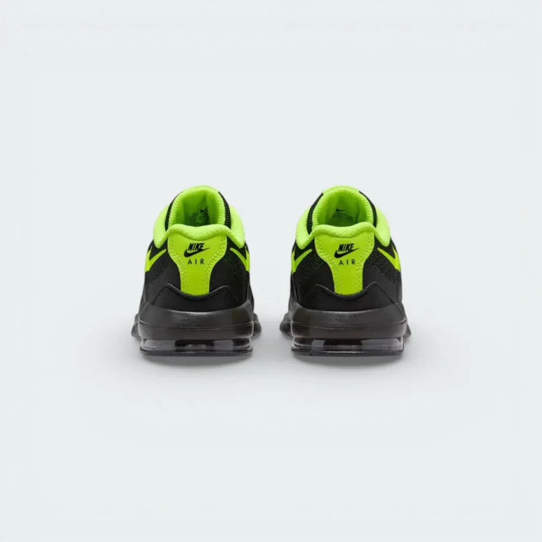 Rear view focusing on the heel support and the neon yellow accents within the Max Air cushioning window.