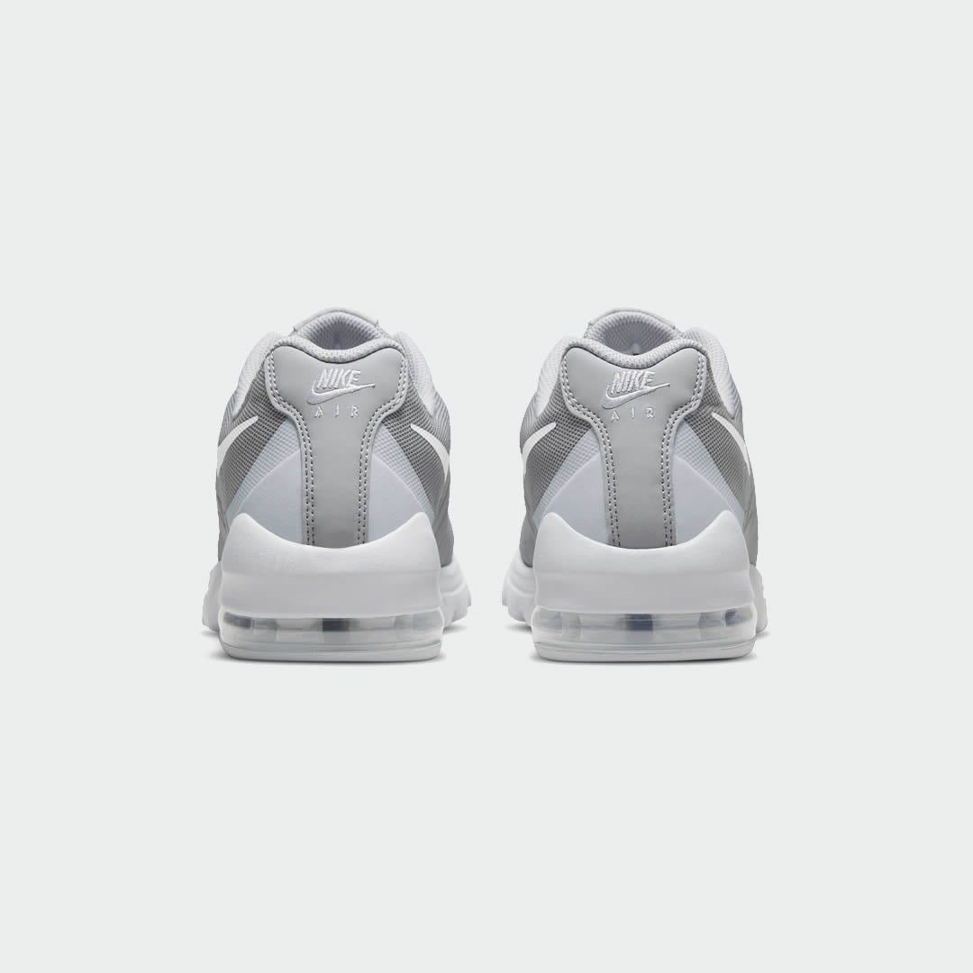 Rear view of the Nike Air Max Invigor Men's grey trainers, focusing on the visible Max Air unit in the heel and subtle branding.