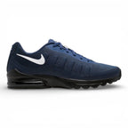 Side profile of the Nike Air Max Invigor Print Men's Trainer in Thunder Blue showing Breathe Tech mesh upper, black midsole, visible Max Air unit, and white side Swoosh.