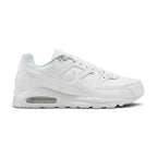 Displays the full lateral silhouette featuring the crisp white leather upper, synthetic overlays, tonal side Swoosh, thick white foam midsole with a prominent visible Max Air heel window, and the matching rubber outsole.