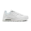 Displays the full lateral silhouette featuring the crisp white leather upper, synthetic overlays, tonal side Swoosh, thick white foam midsole with a prominent visible Max Air heel window, and the matching rubber outsole.