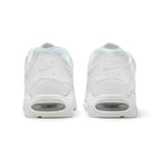 Close-up rear angle focusing on the supportive white leather heel panels with embroidered "NIKE AIR" branding, the curved white midsole wrap, and the rear Max Air window.