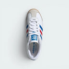 Focuses on the locked-in lace closure layout, the clean alignment of the soft white tongue, and the symmetry of the suede panels guarding the front box.