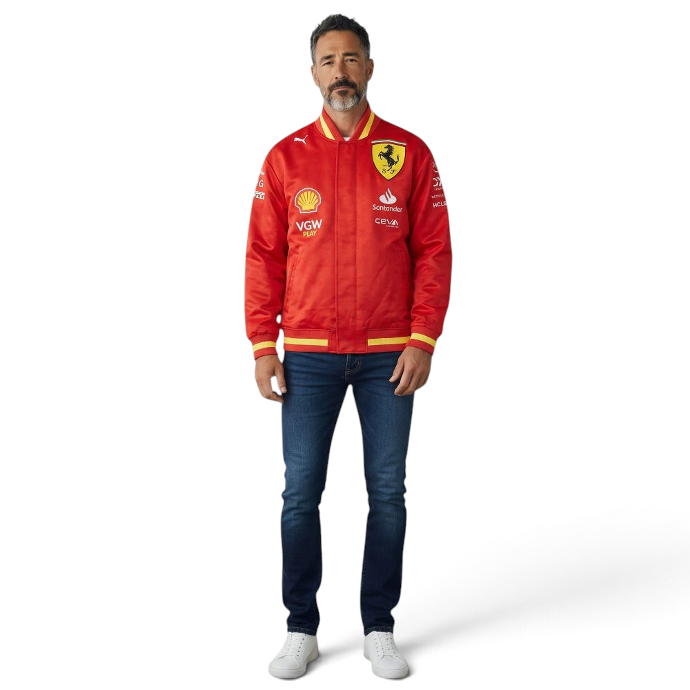 Focuses on the locked-in button up closure and the professional embroidered Ferrari logo.