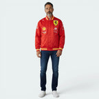 Focuses on the locked-in button up closure and the professional embroidered Ferrari logo.