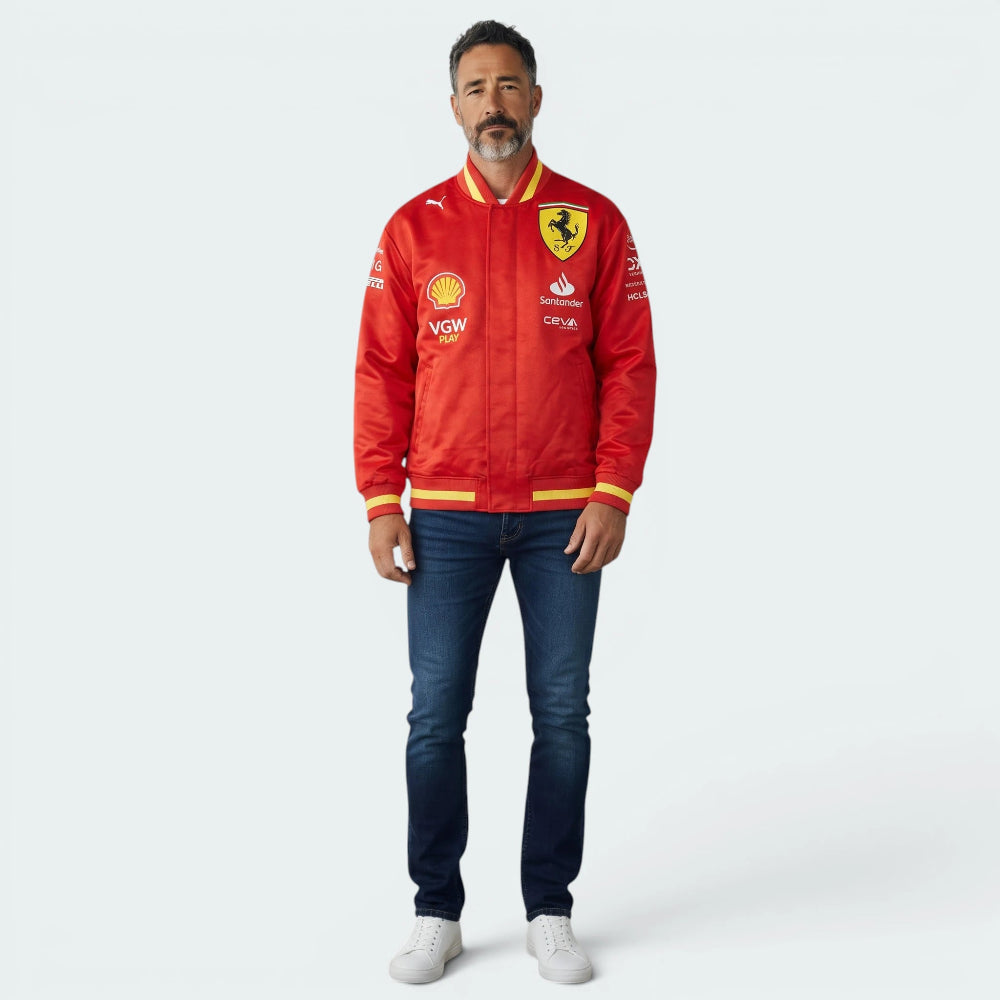 Focuses on the locked-in button up closure and the professional embroidered Ferrari logo.