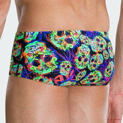 Speedo Men's 14cm swimming brief with multi-colour skulls print, back view highlighting seamless design and coverage.