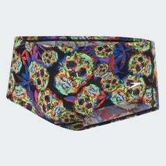 Speedo Men's 14cm swimming brief with multi-colour skulls digital print, front view showing contoured fit and drawstring.