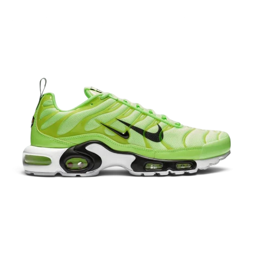 Side profile of Nike Air Max Plus Men's "Lime Blast" trainers, showcasing the vibrant lime and black colourway, visible Tuned Air unit, and wavy upper design.
