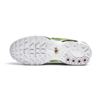 View of the outsole of the Nike Air Max Plus Men's "Lime Blast" trainers, showing the durable rubber tread pattern and flexible design.