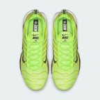 Top-down view of a pair of Nike Air Max Plus Men's "Lime Blast" trainers, highlighting the bold lime accents and lace-up closure.