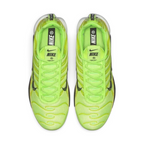 Top-down view of a pair of Nike Air Max Plus Men's "Lime Blast" trainers, highlighting the bold lime accents and lace-up closure.