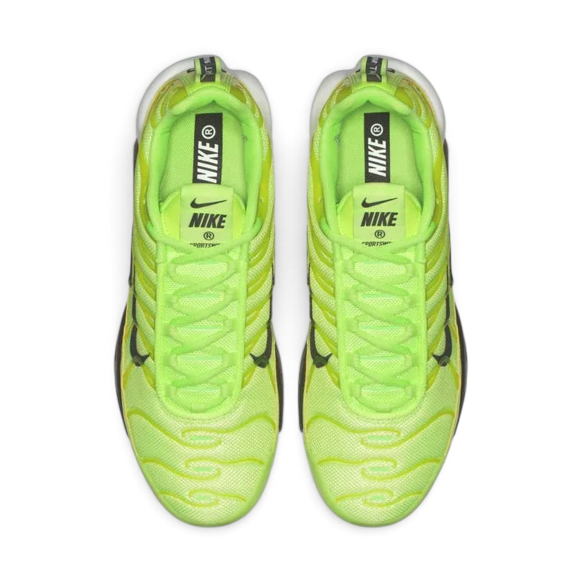 Top-down view of a pair of Nike Air Max Plus Men's "Lime Blast" trainers, highlighting the bold lime accents and lace-up closure.