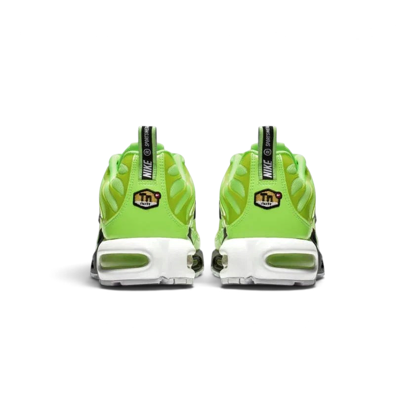 Rear view of the Nike Air Max Plus Men's "Lime Blast" trainers, focusing on the padded heel collar and visible air unit.