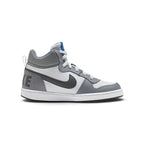 Studio side-profile shot of the Nike Court Borough Mid GS sneakers in Cool Grey and Anthracite, highlighting the mid-top silhouette, perforated toe box, dark anthracite side swoosh, and durable white rubber cupsole.