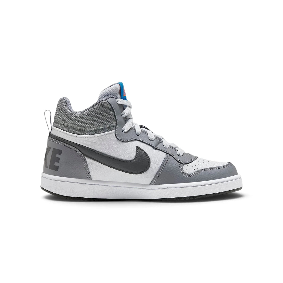 Studio side-profile shot of the Nike Court Borough Mid GS sneakers in Cool Grey and Anthracite, highlighting the mid-top silhouette, perforated toe box, dark anthracite side swoosh, and durable white rubber cupsole.