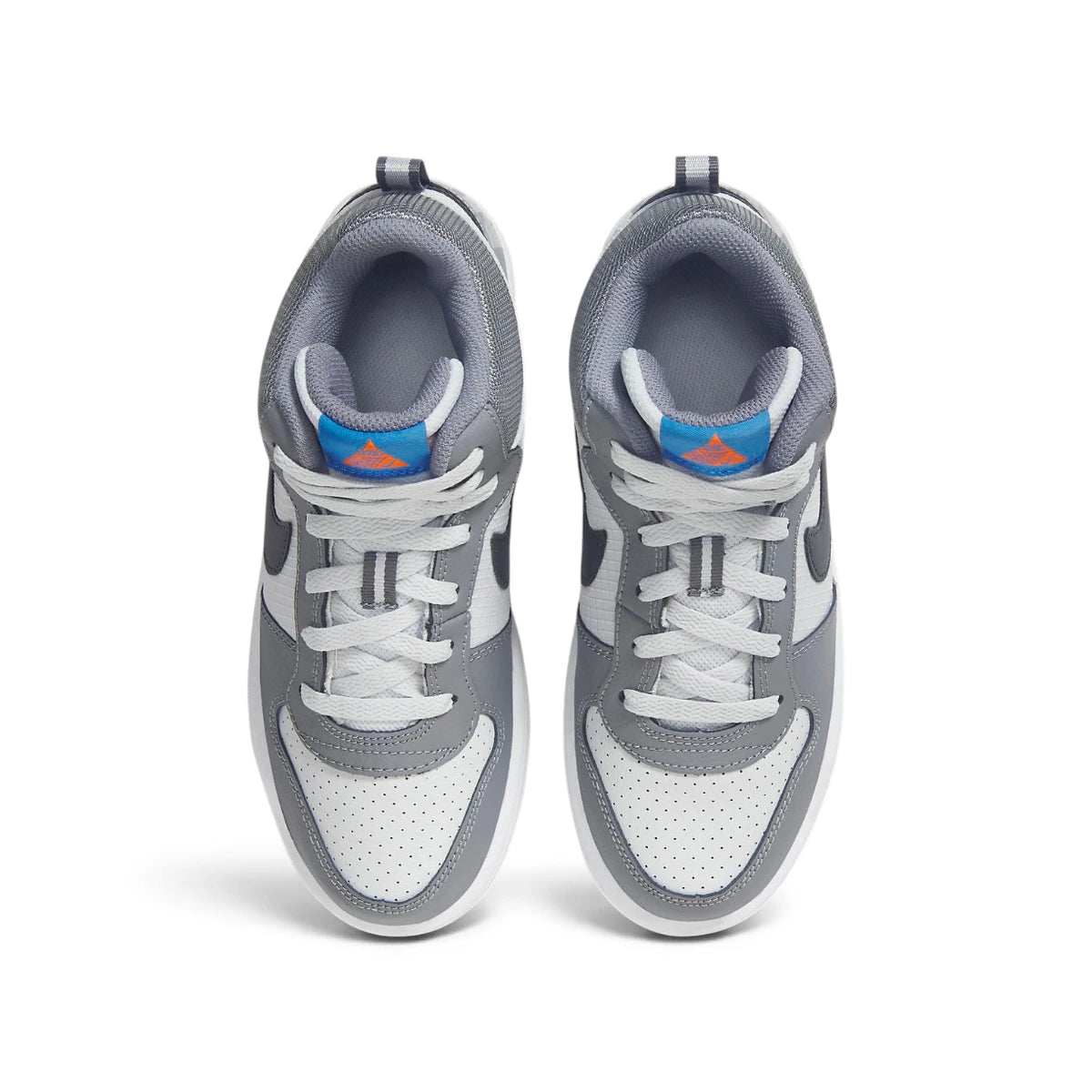 Overhead top-down view looking down at the laced sneakers, displaying the white flat laces, textile tongue with blue and orange branding tags, and cushioned grey collar openings.