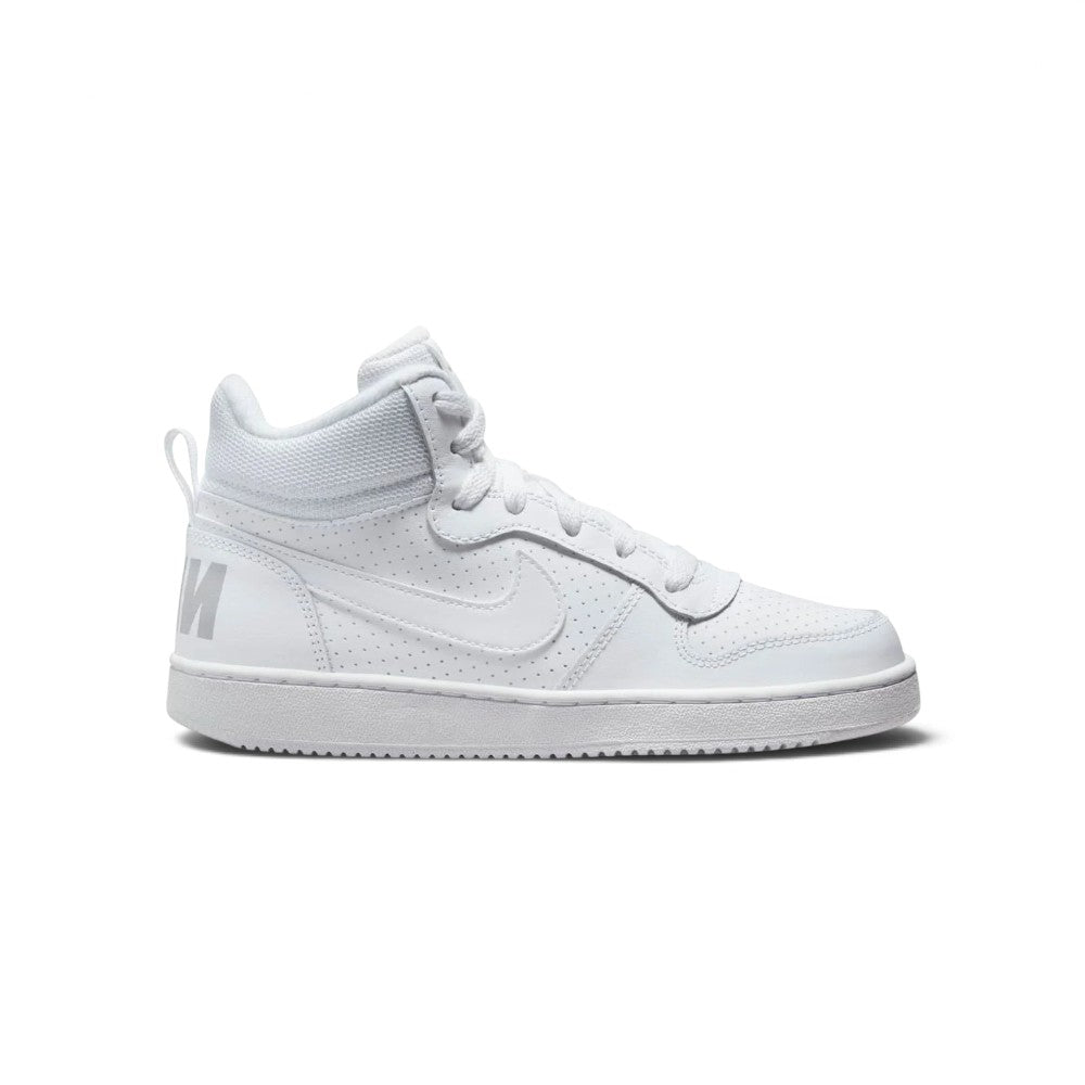 Lateral view showing the all-white mid-top silhouette, featuring smooth leather overlays, perforated side panels, a tonal stitched Nike Swoosh, padded mesh collar, and clean white rubber midsole sidewalls. Main image