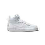 Lateral view showing the all-white mid-top silhouette, featuring smooth leather overlays, perforated side panels, a tonal stitched Nike Swoosh, padded mesh collar, and clean white rubber midsole sidewalls.
