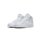 Forward three-quarter angle showcasing both shoes side by side, highlighting the structured mid-cut basketball stance, perforated toe boxes, flat white laces, and pristine clean presentation.