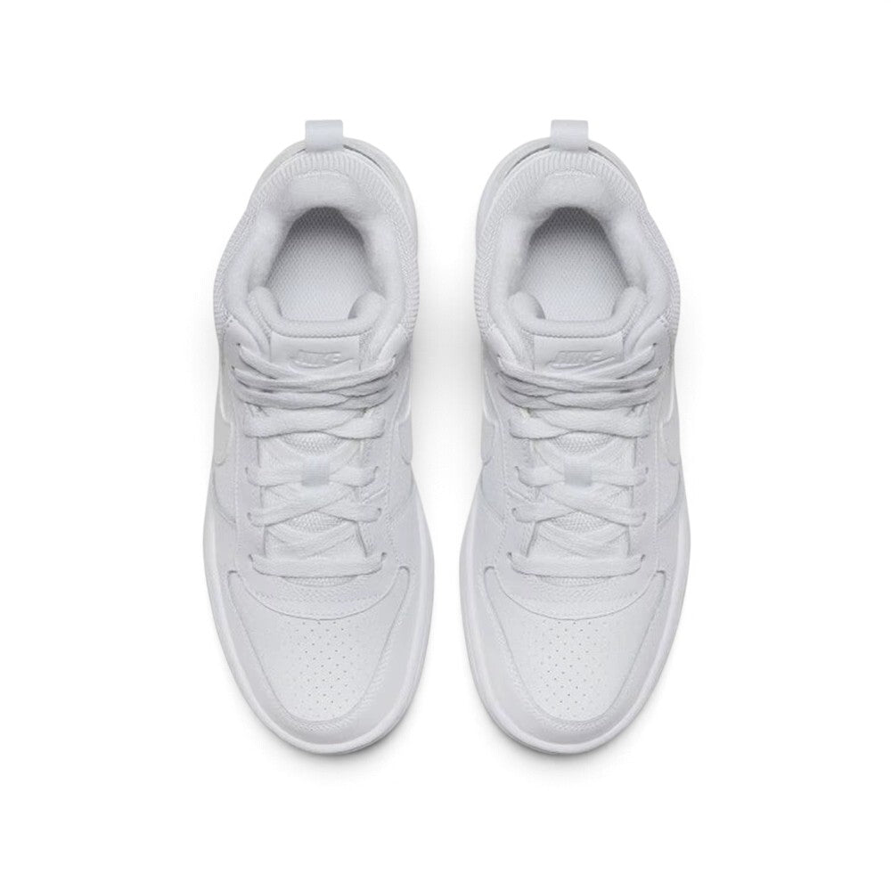 Direct overhead look at both shoes, displaying the rounded perforated toe boxes, central lacing system with flat white laces, padded tongues with embossed Nike logos, and plush white interior linings.