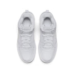 Direct overhead look at both shoes, displaying the rounded perforated toe boxes, central lacing system with flat white laces, padded tongues with embossed Nike logos, and plush white interior linings.