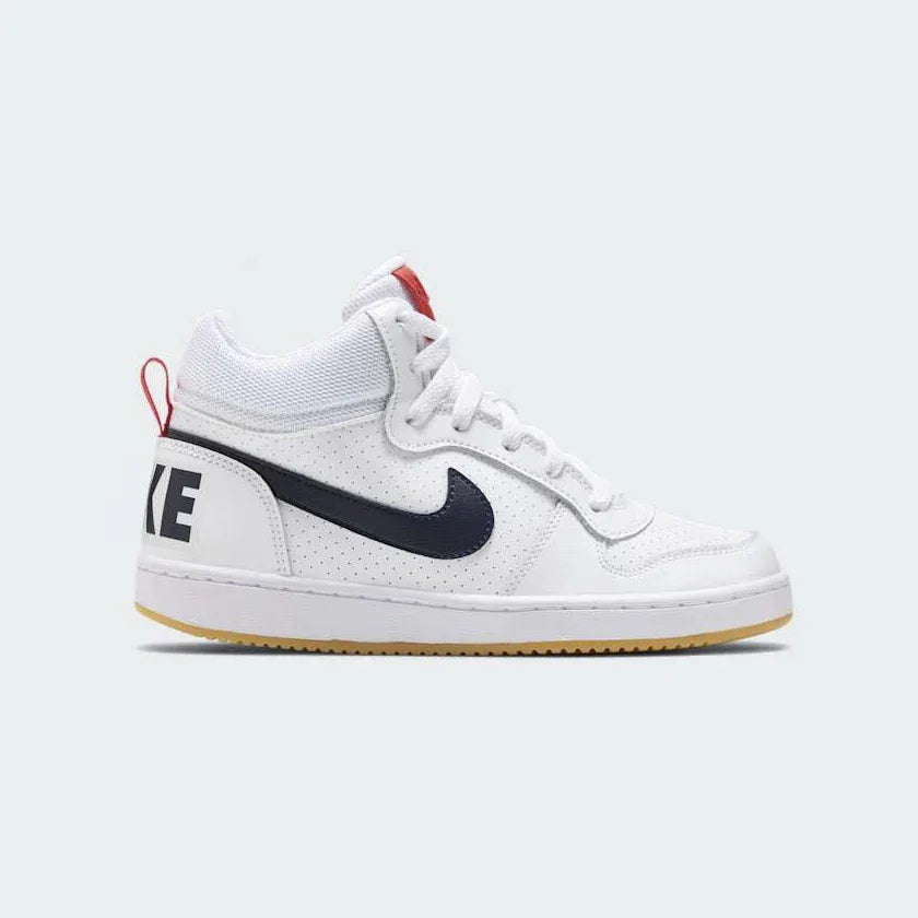Nike Court Borough Mid Juniors White Trainers 839977-107 side view showing white synthetic leather upper with mid-cut collar and Swoosh branding Main image