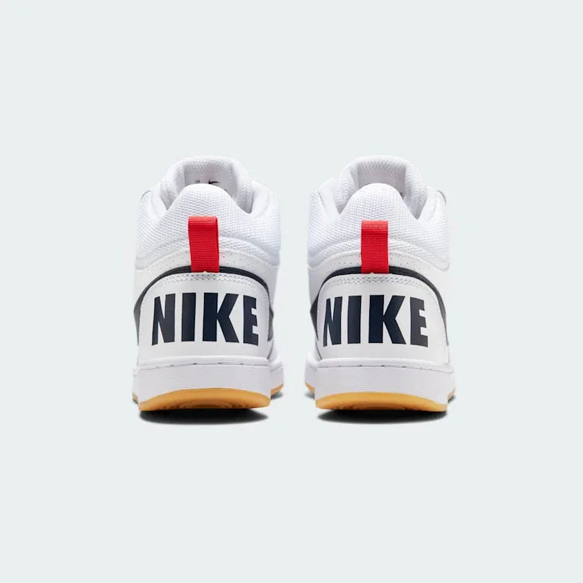 Nike Court Borough Mid Juniors White Trainers 839977-107 back view showing heel tab, collar padding, and Nike logo on heel panel