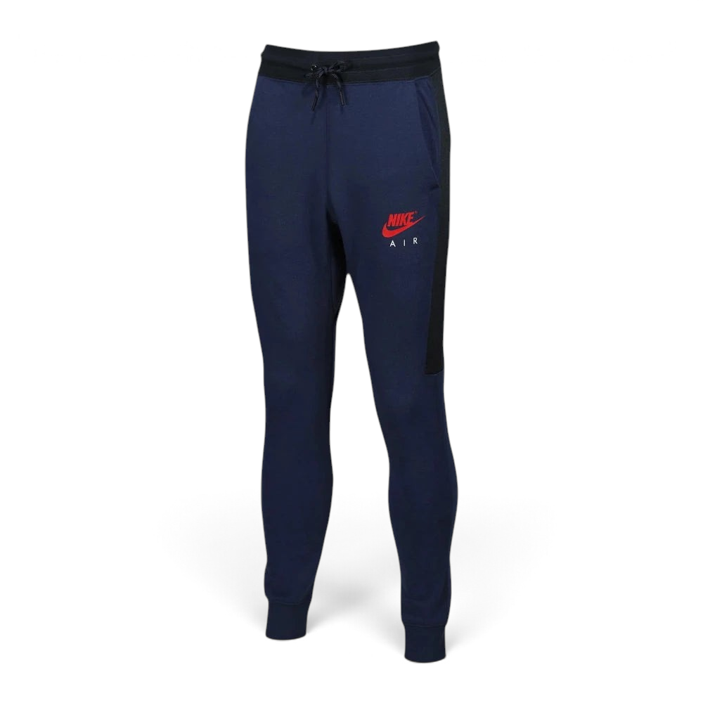 Navy blue Nike sweatpants with red logo on a white background