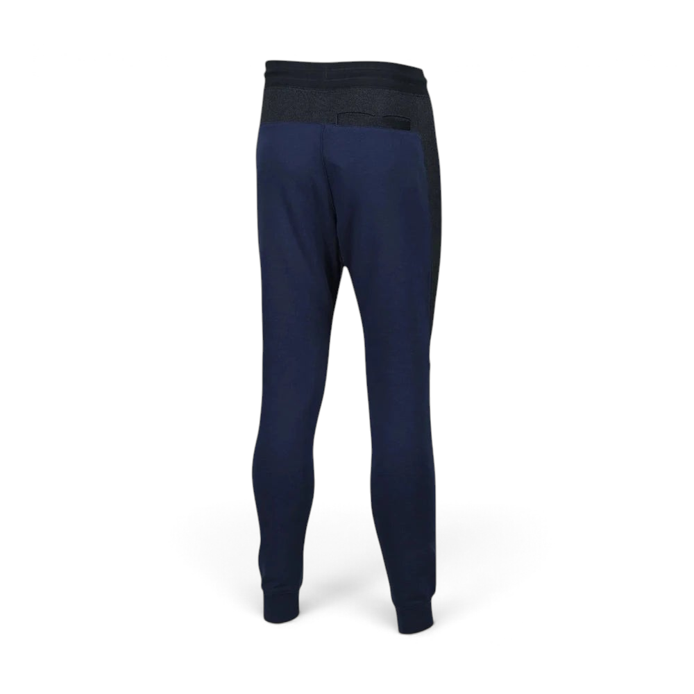 Navy blue jogger pants with black waistband on a white background