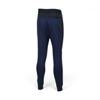 Navy blue jogger pants with black waistband on a white background