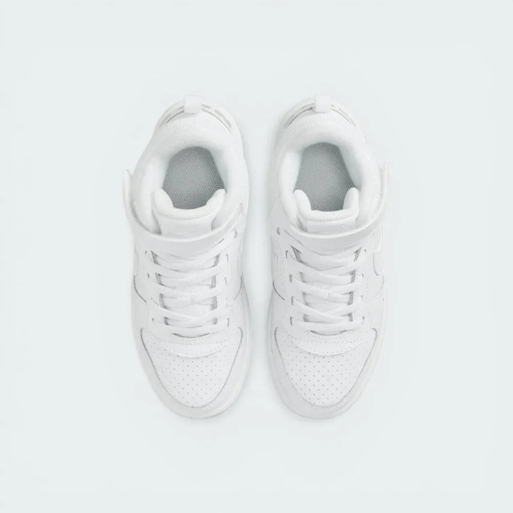 Top-down view of the infant trainers, highlighting the perforated toe box and the secure hook-and-loop strap.