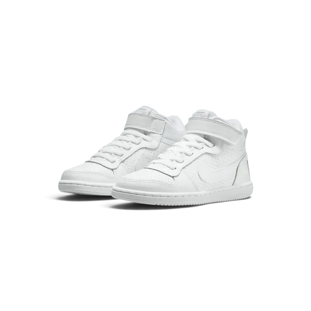 Three-quarter view of the pair, emphasizing the clean, all-white leather construction and structured heel.