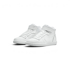 Three-quarter view of the pair, emphasizing the clean, all-white leather construction and structured heel.