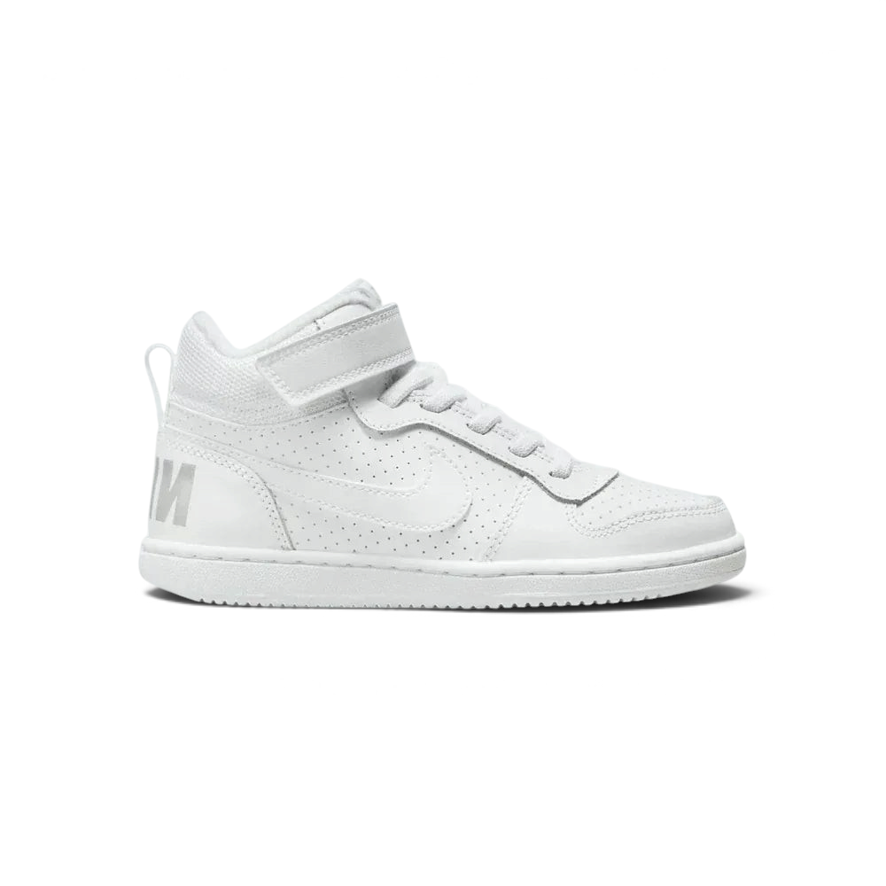 Side profile of the triple-white Nike Court Borough Mid Infants, showing the mid-top collar and the iconic Swoosh logo. Main image