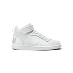 Side profile of the triple-white Nike Court Borough Mid Infants, showing the mid-top collar and the iconic Swoosh logo.