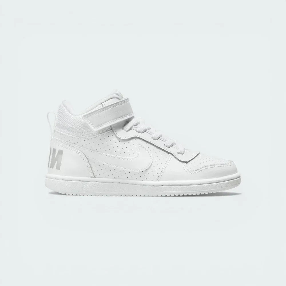 Side profile of the triple-white Nike Court Borough Mid Infants, showing the mid-top collar and the iconic Swoosh logo. Main image