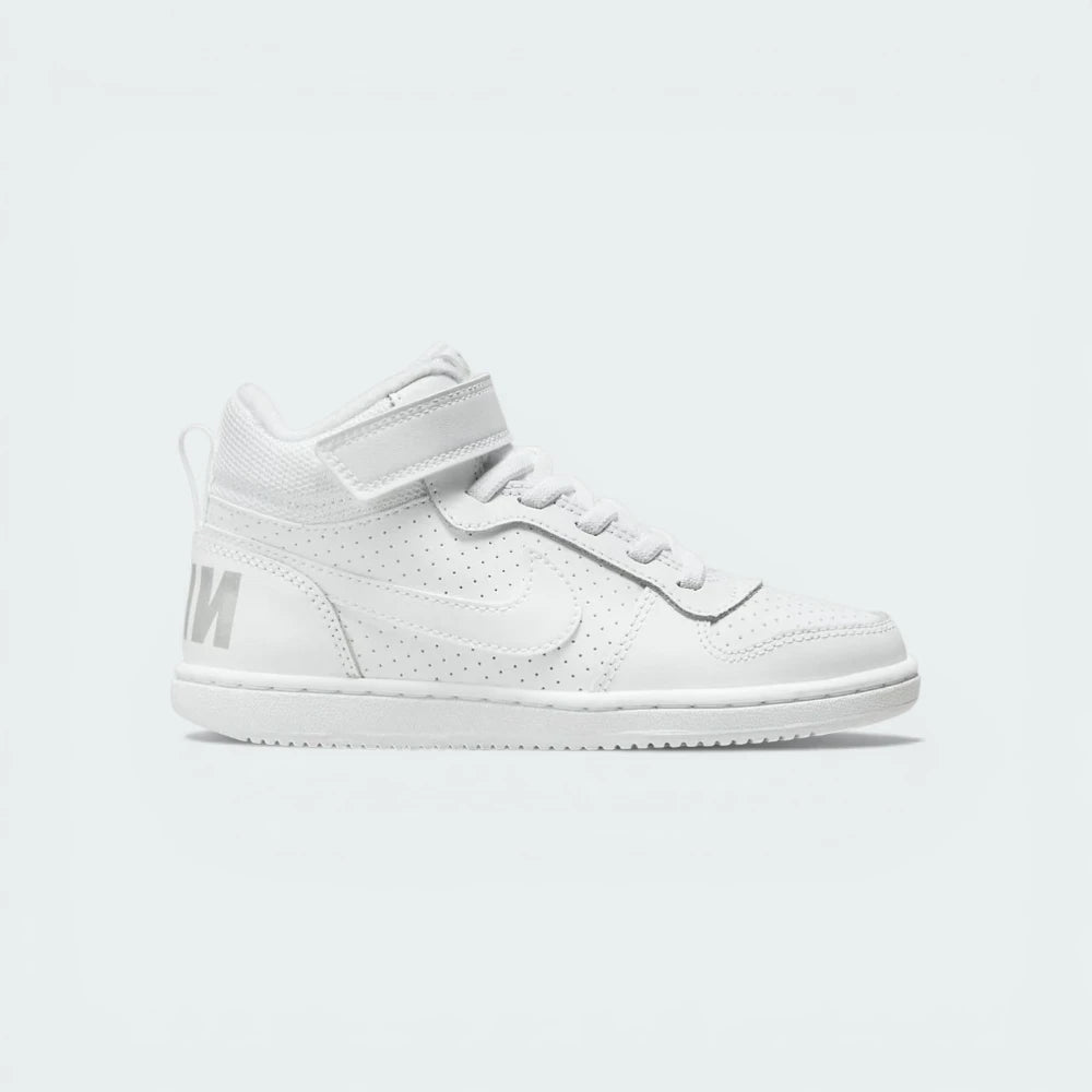 Side profile of the triple-white Nike Court Borough Mid Infants, showing the mid-top collar and the iconic Swoosh logo.