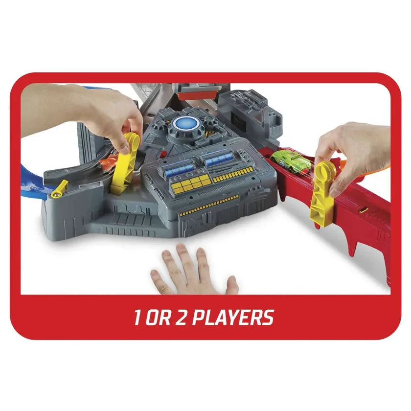 Close-up of the motorized booster from the Hot Wheels Spin Storm set, showing where the car is launched from.