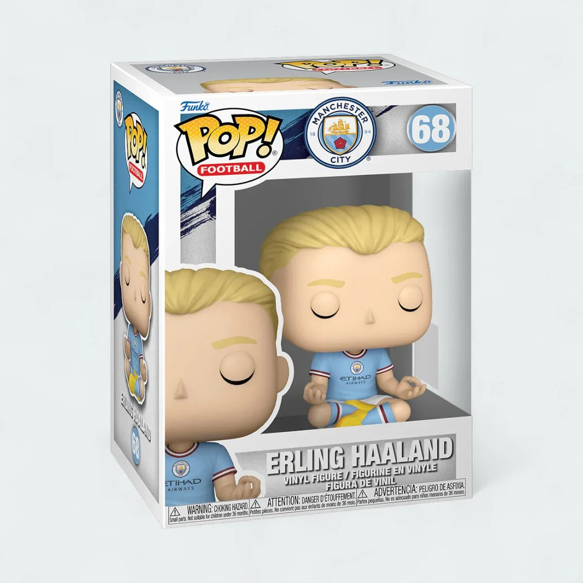 Funko Pop! Football Erling Haaland #68 vinyl figure in window display box, showing Haaland in a Manchester City kit. Main image