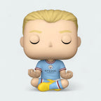 Close-up of the Funko Pop! Erling Haaland #68 vinyl figure's head, showing its stylized design, facial features, and distinct braided hairstyle.