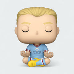 Close-up of the Funko Pop! Erling Haaland #68 vinyl figure's head, showing its stylized design, facial features, and distinct braided hairstyle.