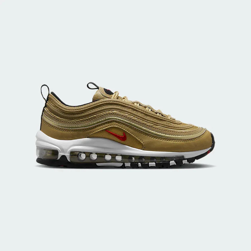 Highlights the high-velocity sweep of the layered Metallic Gold synthetic waves, showing the clean contrast of the miniature embroidered Varsity Red side Swoosh and the clear window of the full-length Max Air unit.