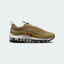 Highlights the high-velocity sweep of the layered Metallic Gold synthetic waves, showing the clean contrast of the miniature embroidered Varsity Red side Swoosh and the clear window of the full-length Max Air unit.