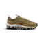Highlights the high-velocity sweep of the layered Metallic Gold synthetic waves, showing the clean contrast of the miniature embroidered Varsity Red side Swoosh and the clear window of the full-length Max Air unit.