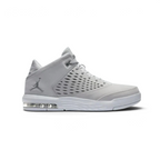 Jordan Flight Origin 4 Men's basketball shoes in wolf grey and cool grey, side profile showing leather/synthetic upper, visible Air-Sole unit in heel, and classic Jumpman logo.