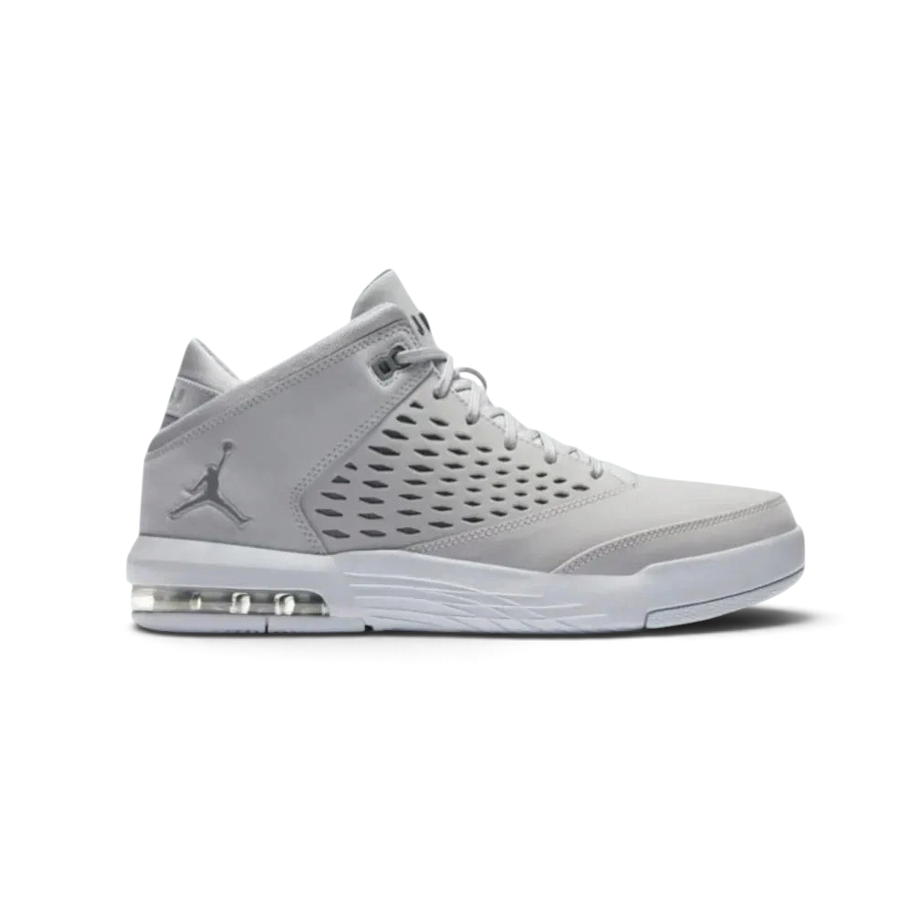 Jordan Flight Origin 4 Men's basketball shoes in wolf grey and cool grey, side profile showing leather/synthetic upper, visible Air-Sole unit in heel, and classic Jumpman logo.